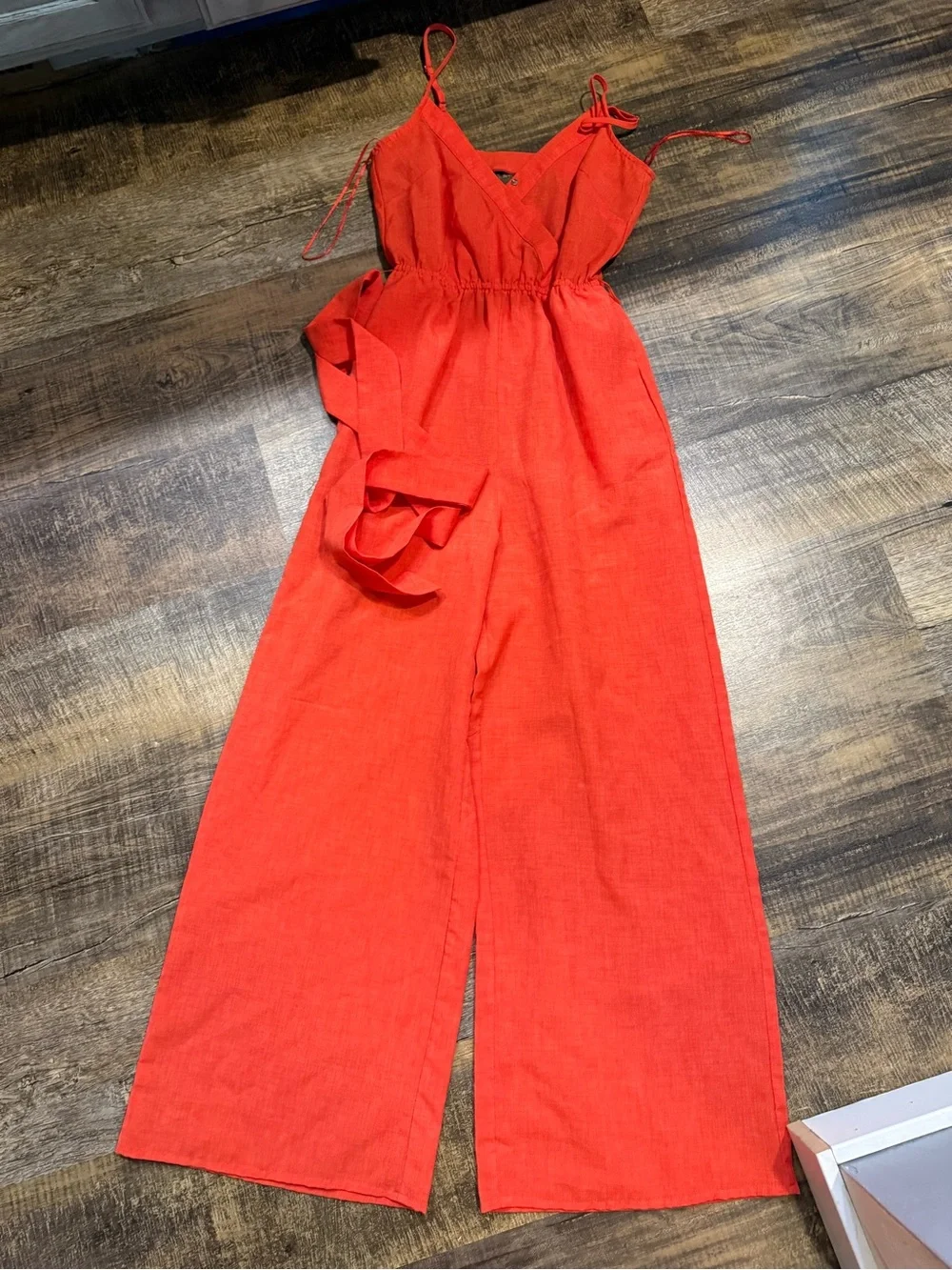 Flying Tomato Vibrant Orange Sleeveless Wide-Leg Jumpsuit with Tie Waist